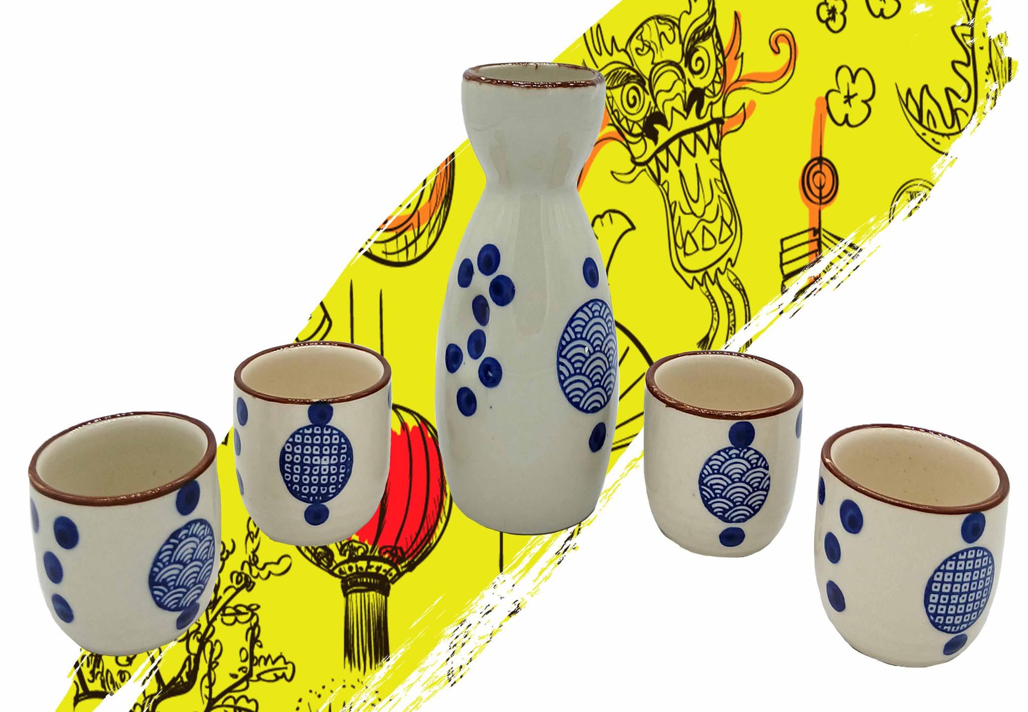 SET SAKE BLANCO CIRCULO AZUL 5PCS A02362